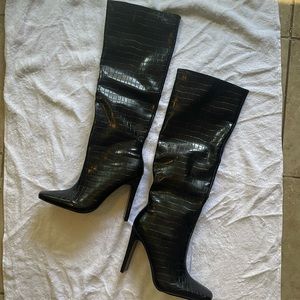 Miss Lola New Faux leather crocodile print black knee high boots 6